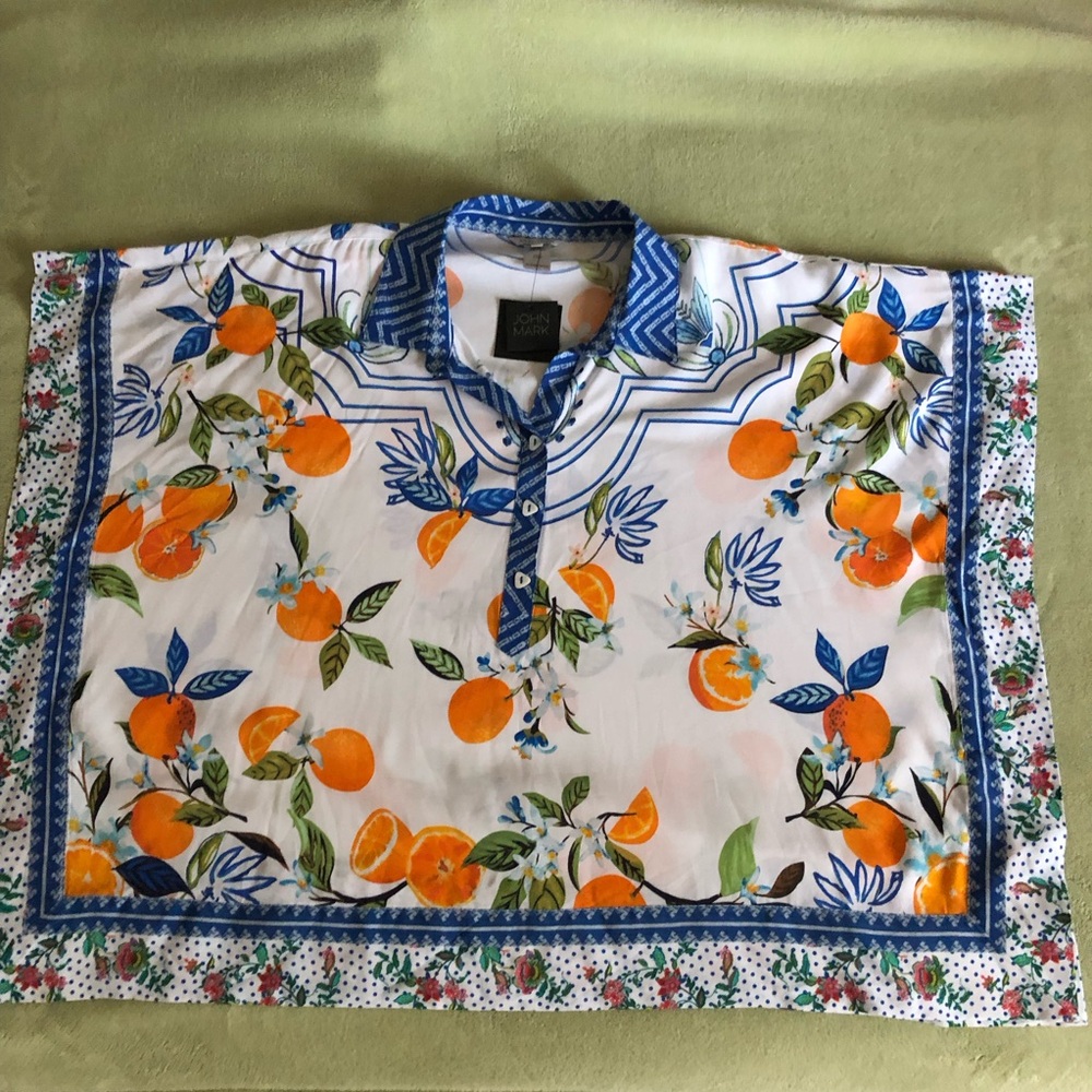 John Mark blouse tunic citrus oranges fruit flowy relaxed white base blue collar - Picture 2 of 12